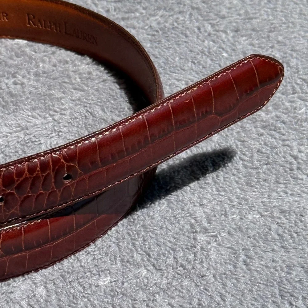 Ralph Lauren Mens Brown Crocodile Embossed Leather Belt Gold Buckle Dress Belt M - Picture 4 of 14